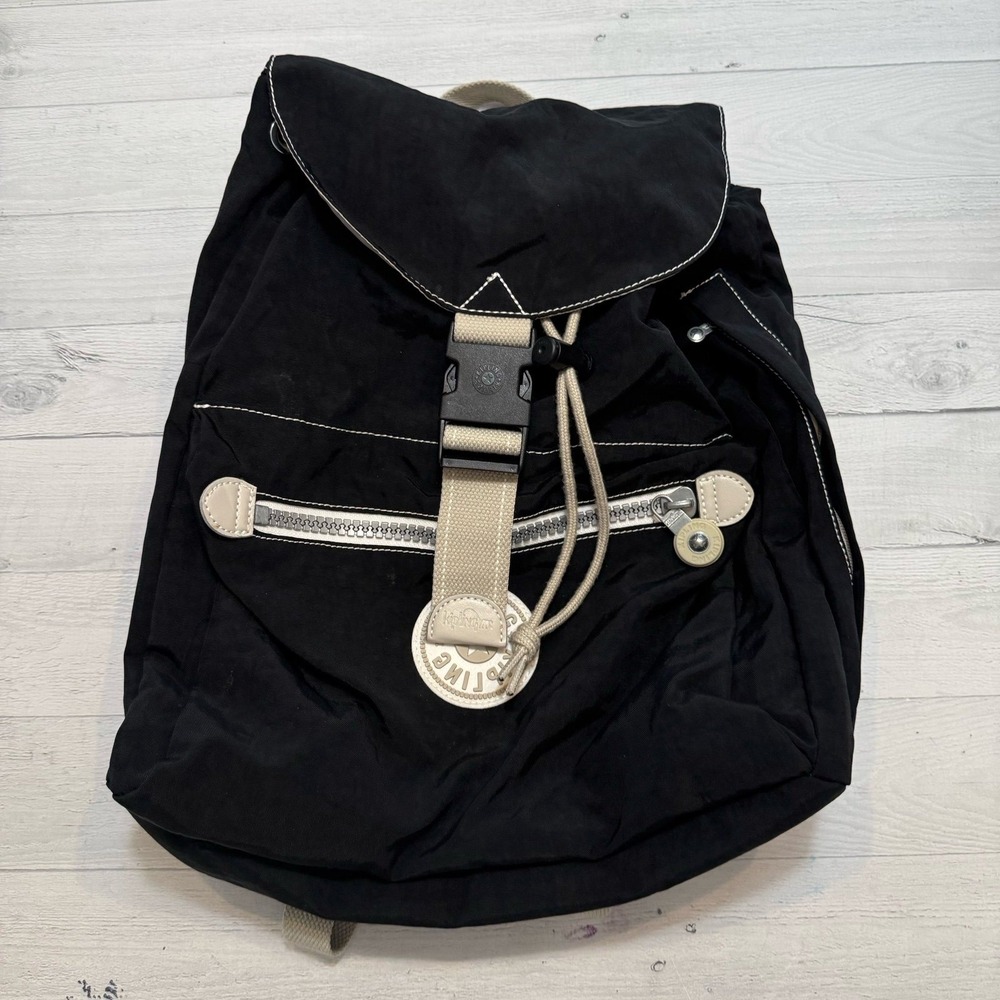 Kipling black buckle drawstring nylon backpack